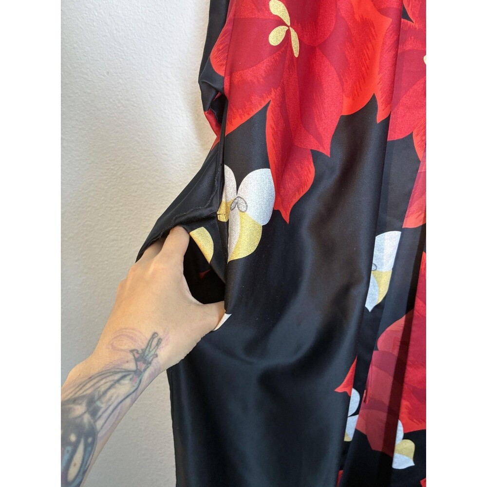 Natori Ginza Long Kimono Robe Womens One Size Black Satin Red Floral Lounge - Picture 14 of 15